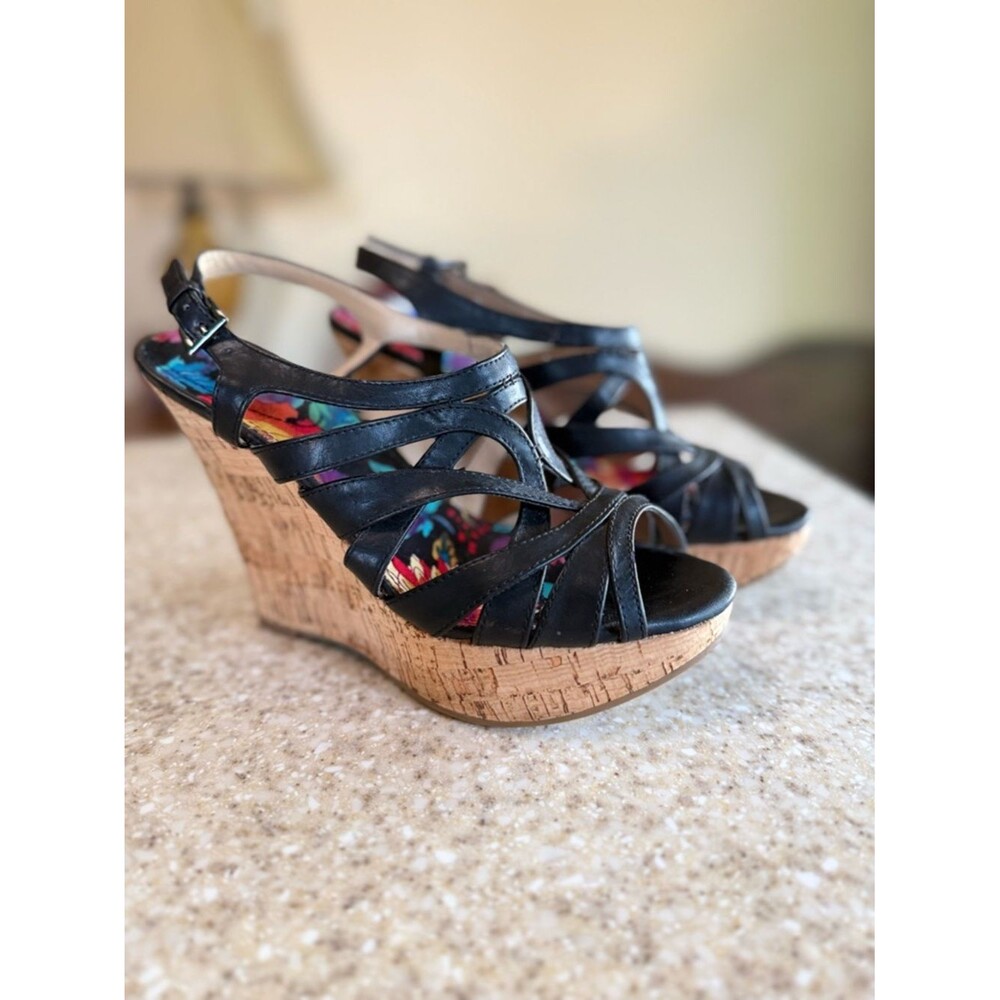 Black Cork Wedge Slingback Sandals with Floral Lining